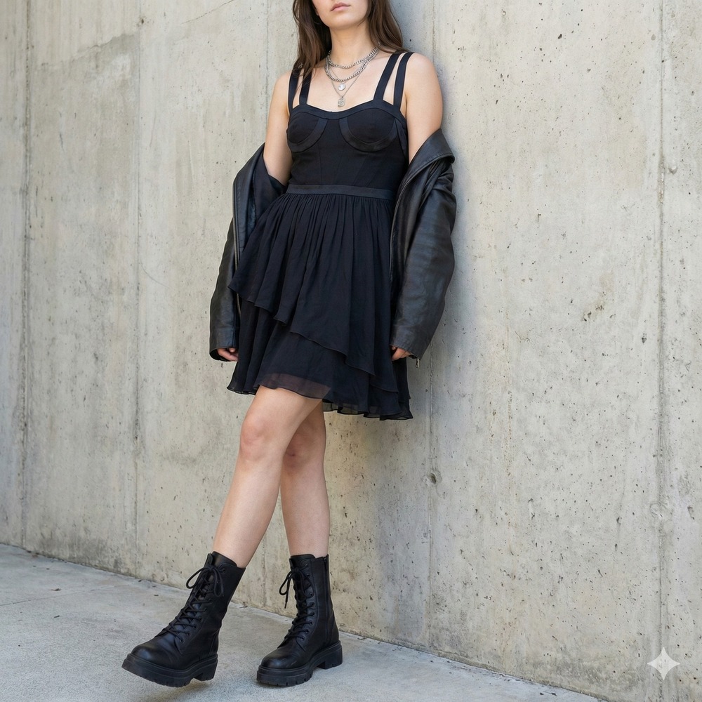 H&M x Versace Silk Dress Women XS Black Corset Bustier Strap Mini Layered Ruffle - Picture 2 of 8